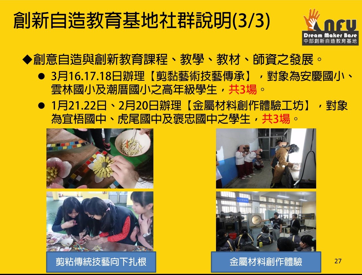 本校中部自造者Maker 0-1& Maker to Maker規劃、推動策略，成立自造教育相關技術社群，目前基地社群有六個領域的社群，結合衛星工廠成立專業本位之社群部分資源開放、設備分享；發展創意自造與創新教育課程、教學、教材、師資；籌備暑假開設種子教師培訓營等。