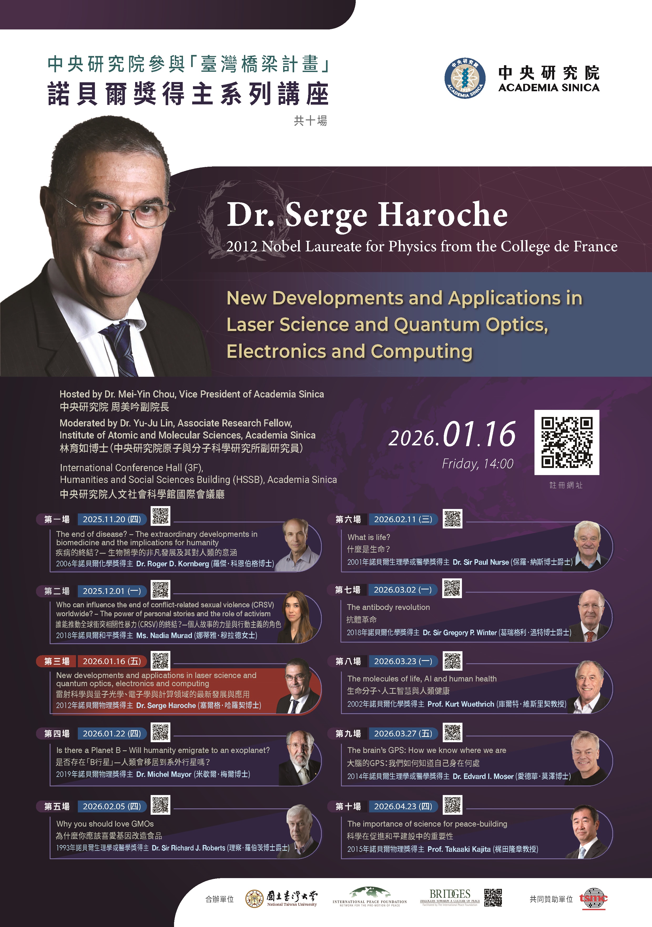 諾貝爾獎得主塞爾格．哈羅契（Serge Haroche）博士發表專題演講活動海報
