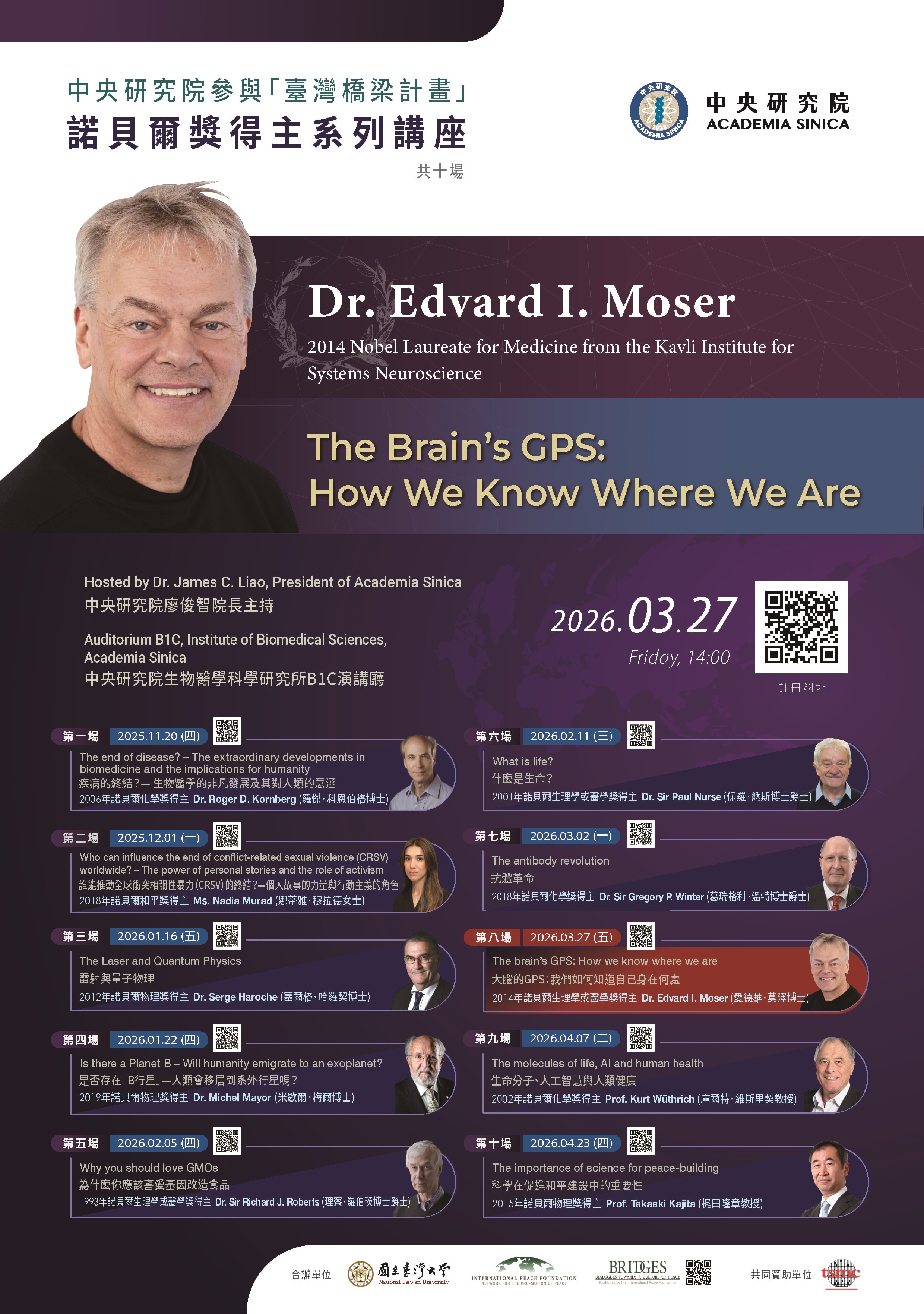 中央研究院參與「臺灣橋梁計畫」（TAIWAN BRIDGES）邀請諾貝爾獎得主主愛德華．莫澤（Edvard I. Moser）博士蒞院發表專題演講。